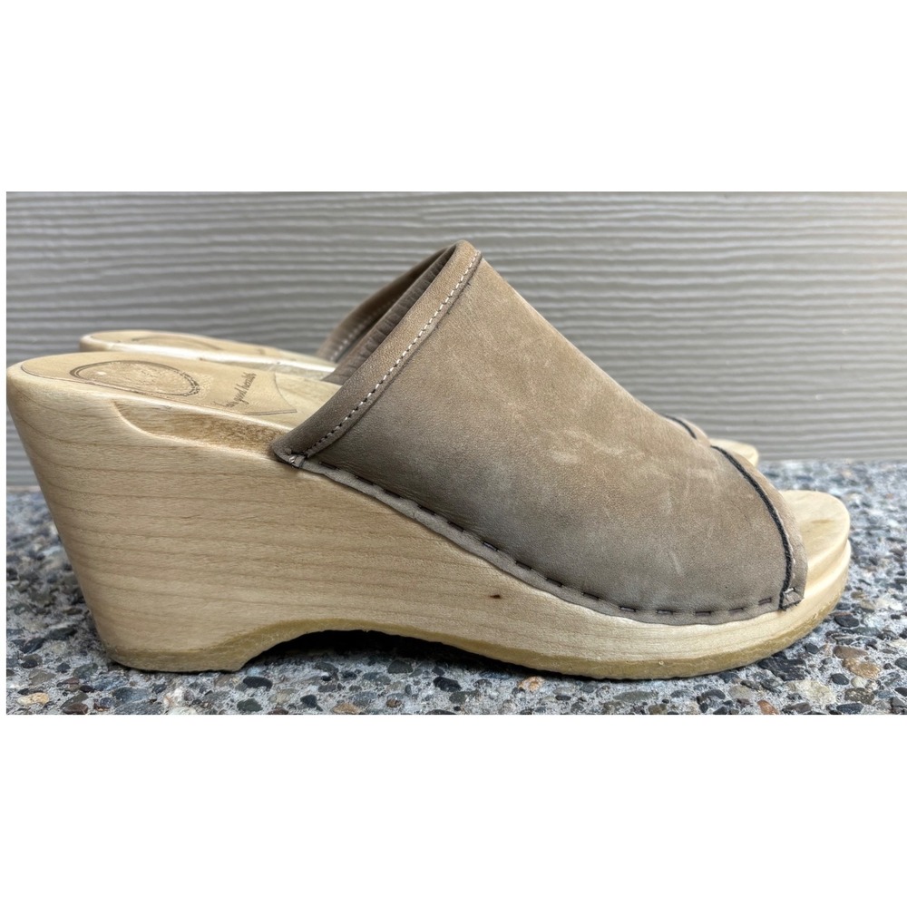 No.6 Women Taupe Nubuck Leather Wooden Wedge Clog Sandals Size 39 Open Toe